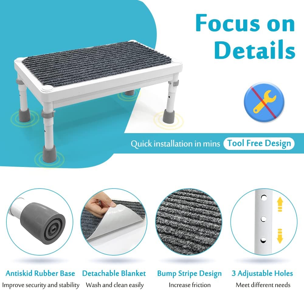 Medical Foot Stool Metal Step Platform Heavy Duty Adjustable Stepping Stool Anti Skid Bed Stairs for Adults Disability Aids Mobility Equipment Bed Step Stools for High Beds, Nursing, SUV Car - 750LBS