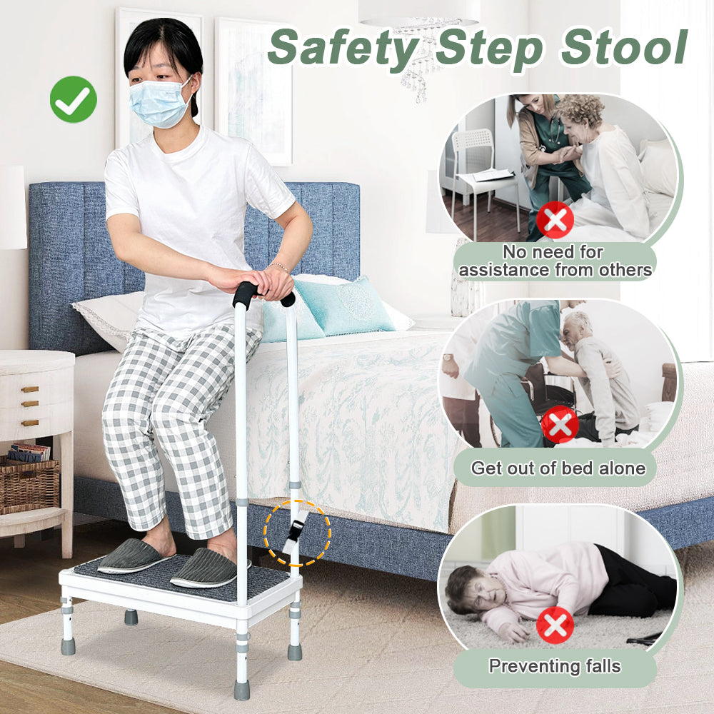 Medical Step Stool with Handle Elderly Adults Bed Steps for High Beds Rails Adjustable Assist Bar Heavy Duty Stepping Stool Metal Wide Step Platform Seniors Handicap Bed Side Foot Stool with Handrail