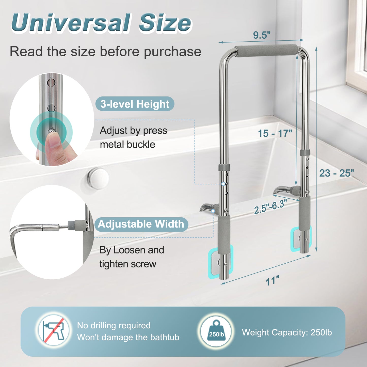 Bath Tub Handles for Seniors Shower Rails Elderly Adults Safety, Bathtub Clamp Grab Bars Helper No Drill, Handicap Bathroom Tub Support Bar Assist Devices, Help Getting Out of Bathtub