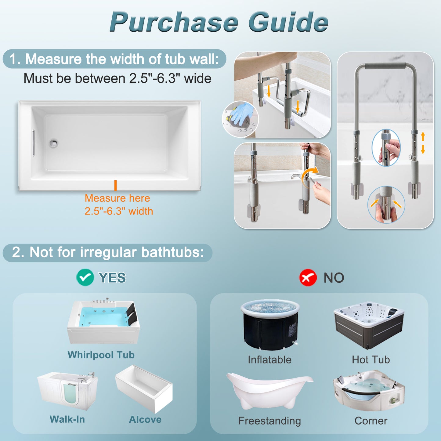 Bath Tub Handles for Seniors Shower Rails Elderly Adults Safety, Bathtub Clamp Grab Bars Helper No Drill, Handicap Bathroom Tub Support Bar Assist Devices, Help Getting Out of Bathtub