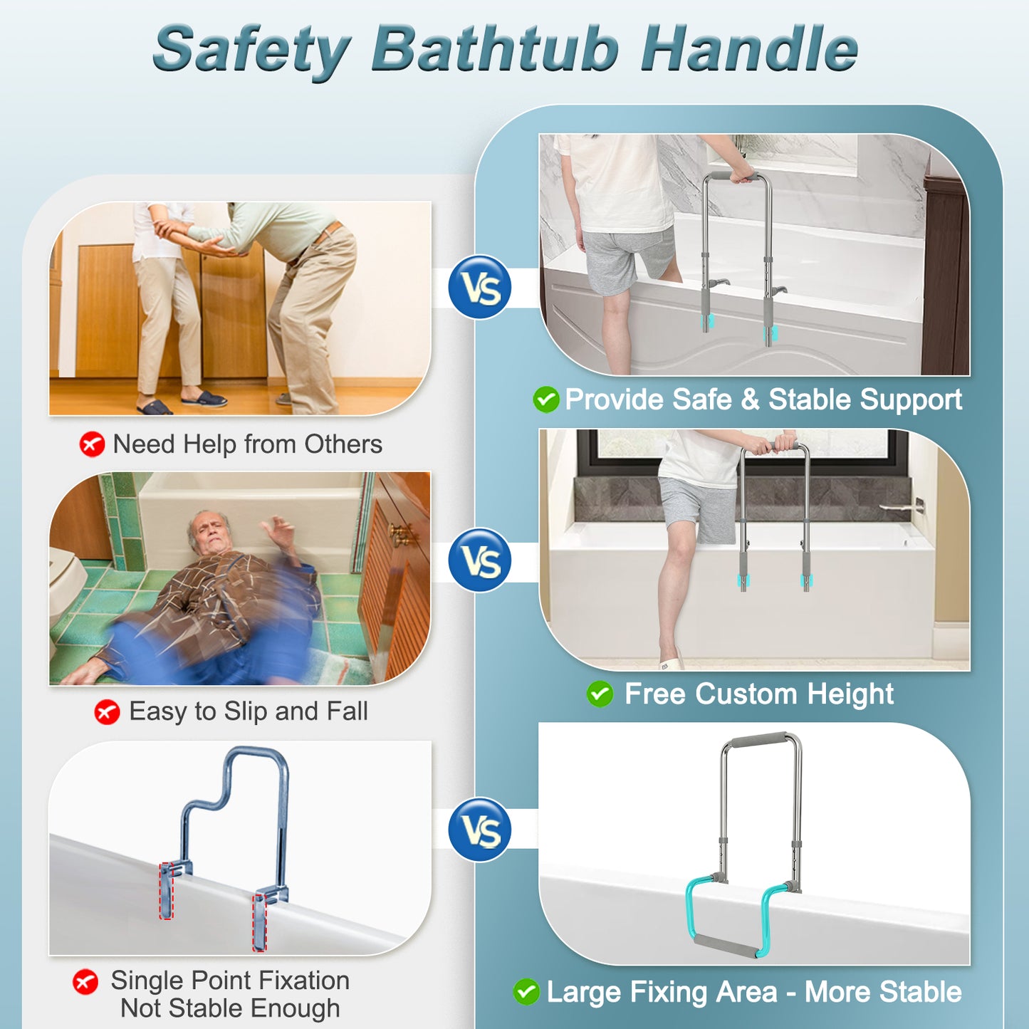 Bath Tub Handles for Seniors Shower Rails Elderly Adults Safety, Bathtub Clamp Grab Bars Helper No Drill, Handicap Bathroom Tub Support Bar Assist Devices, Help Getting Out of Bathtub