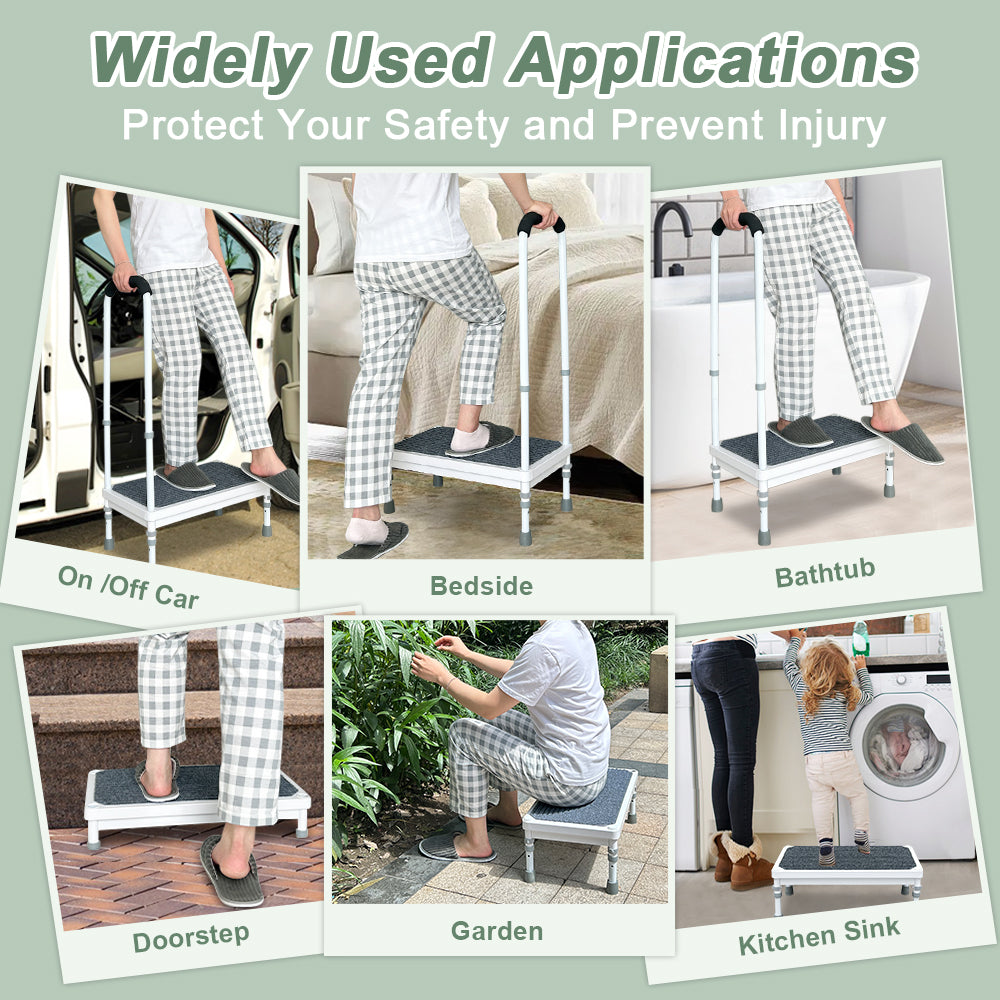 Medical Step Stool with Handle Elderly Adults Bed Steps for High Beds Rails Adjustable Assist Bar Heavy Duty Stepping Stool Metal Wide Step Platform Seniors Handicap Bed Side Foot Stool with Handrail