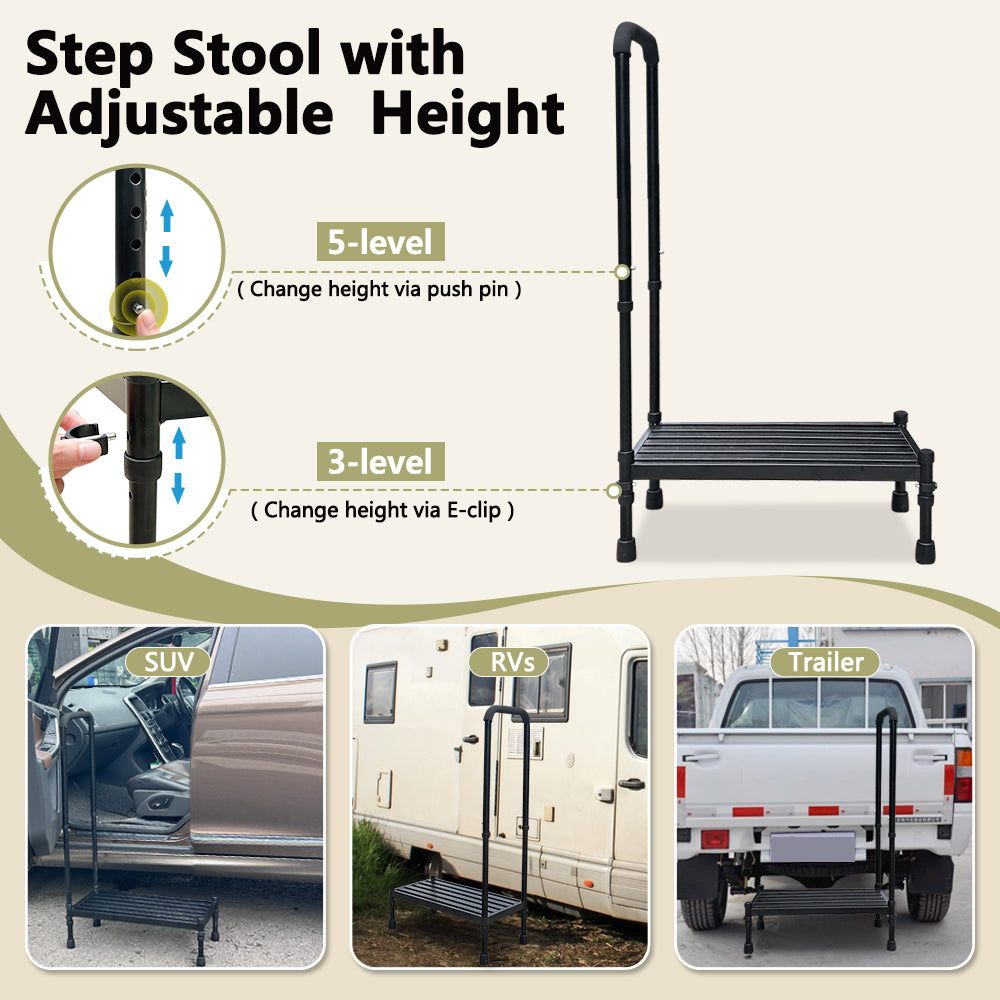 Medical Step Stool with Handle SUV Car Elderly Handicap Steps for RV Mobile Home with Handrail for Adults Seniors Bariatric Metal Stepping Stool Safety Step Assist Adjustable 300lb Foot Stool