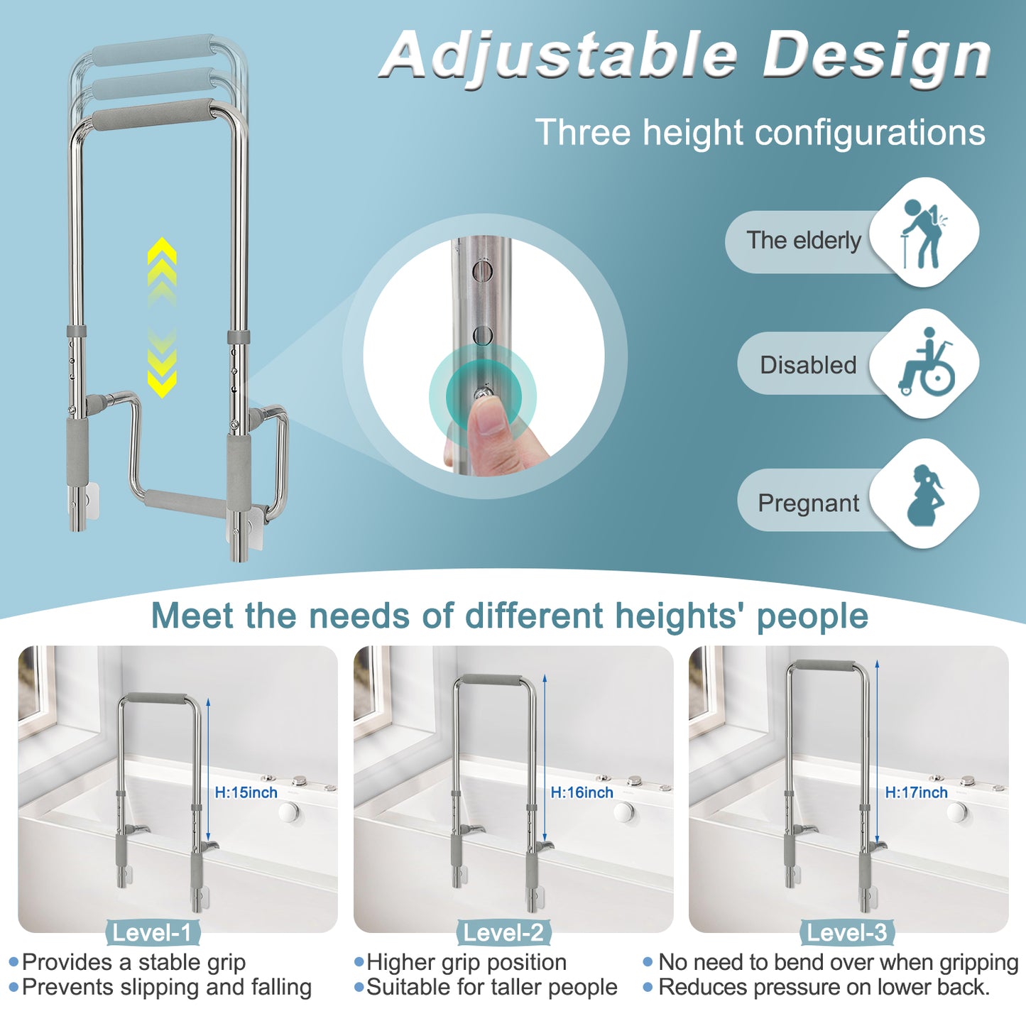 Bath Tub Handles for Seniors Shower Rails Elderly Adults Safety, Bathtub Clamp Grab Bars Helper No Drill, Handicap Bathroom Tub Support Bar Assist Devices, Help Getting Out of Bathtub