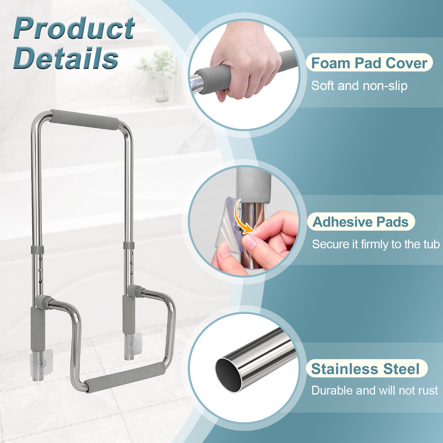 Bath Tub Handles for Seniors Shower Rails Elderly Adults Safety, Bathtub Clamp Grab Bars Helper No Drill, Handicap Bathroom Tub Support Bar Assist Devices, Help Getting Out of Bathtub
