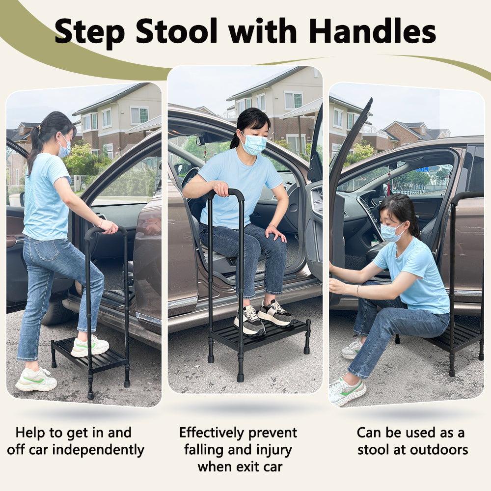 Medical Step Stool with Handle SUV Car Elderly Handicap Steps for RV Mobile Home with Handrail for Adults Seniors Bariatric Metal Stepping Stool Safety Step Assist Adjustable 300lb Foot Stool