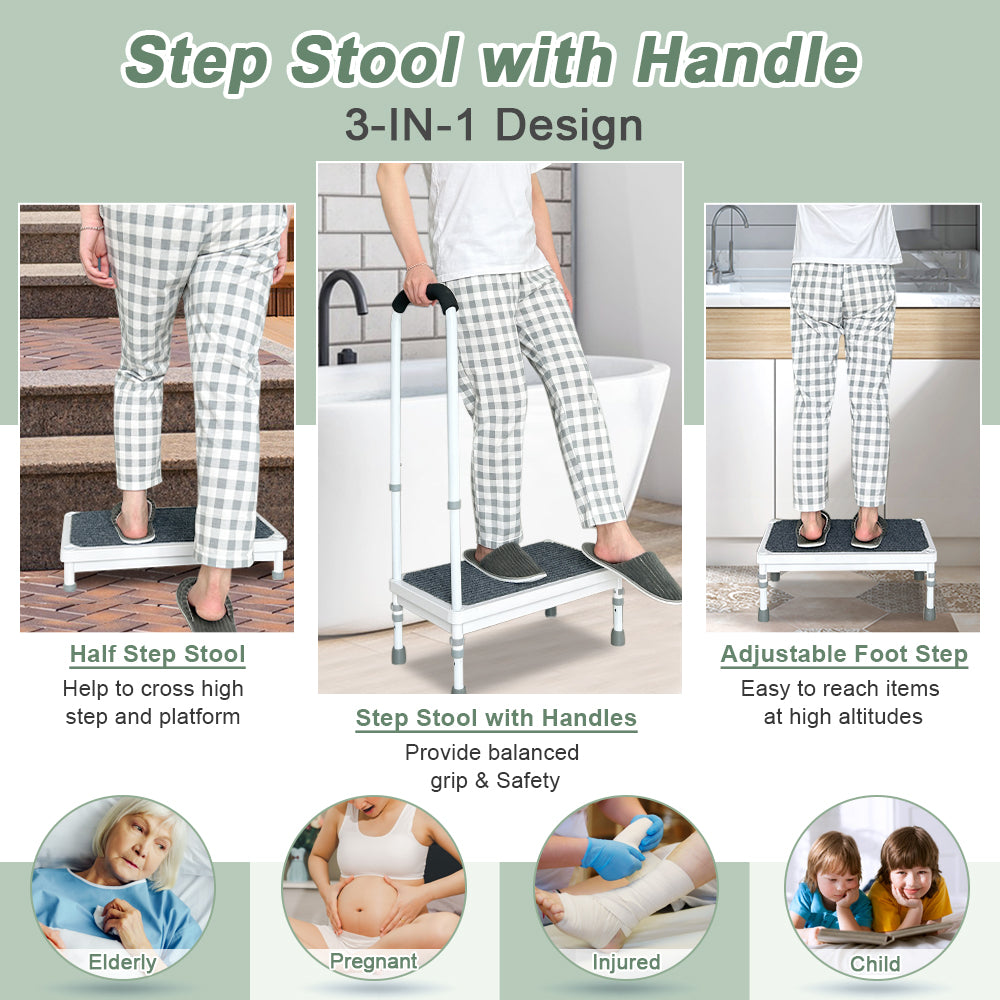 Medical Step Stool with Handle Elderly Adults Bed Steps for High Beds Rails Adjustable Assist Bar Heavy Duty Stepping Stool Metal Wide Step Platform Seniors Handicap Bed Side Foot Stool with Handrail