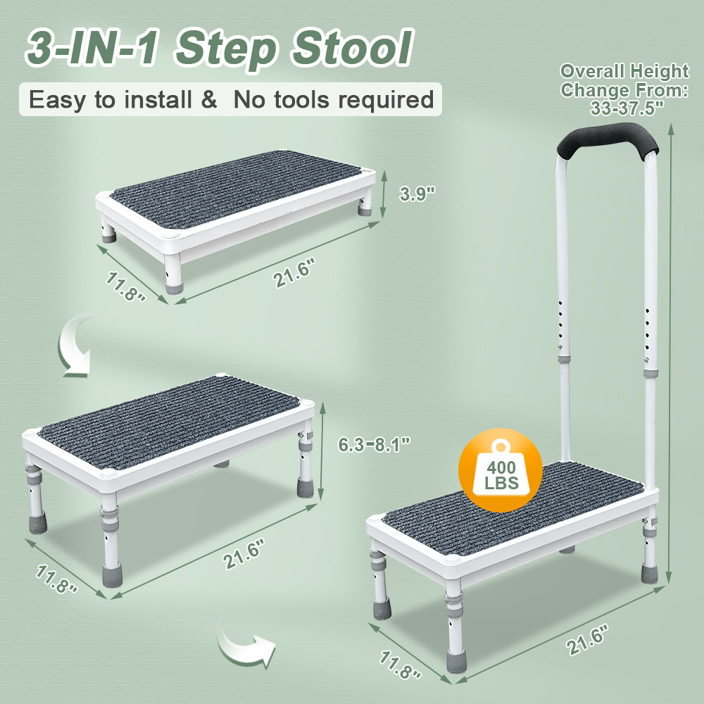 Medical Step Stool with Handle Elderly Adults Bed Steps for High Beds Rails Adjustable Assist Bar Heavy Duty Stepping Stool Metal Wide Step Platform Seniors Handicap Bed Side Foot Stool with Handrail