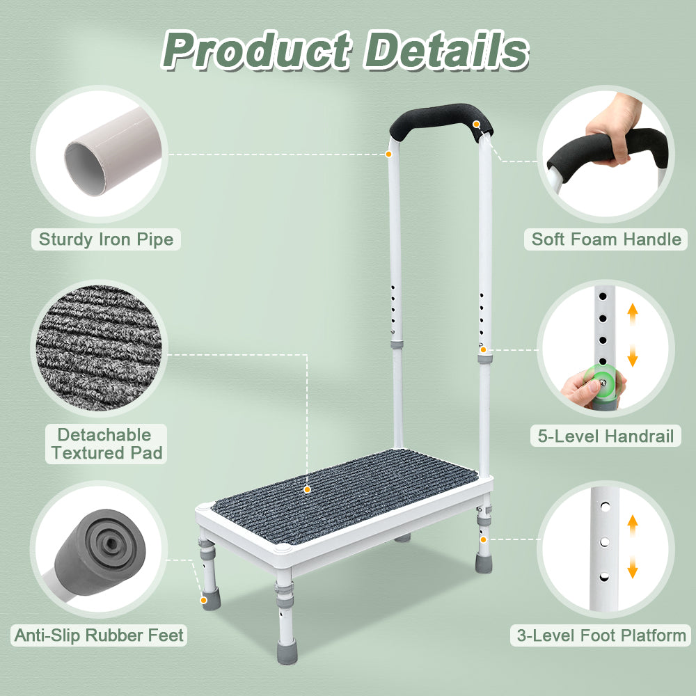 Medical Step Stool with Handle Elderly Adults Bed Steps for High Beds Rails Adjustable Assist Bar Heavy Duty Stepping Stool Metal Wide Step Platform Seniors Handicap Bed Side Foot Stool with Handrail