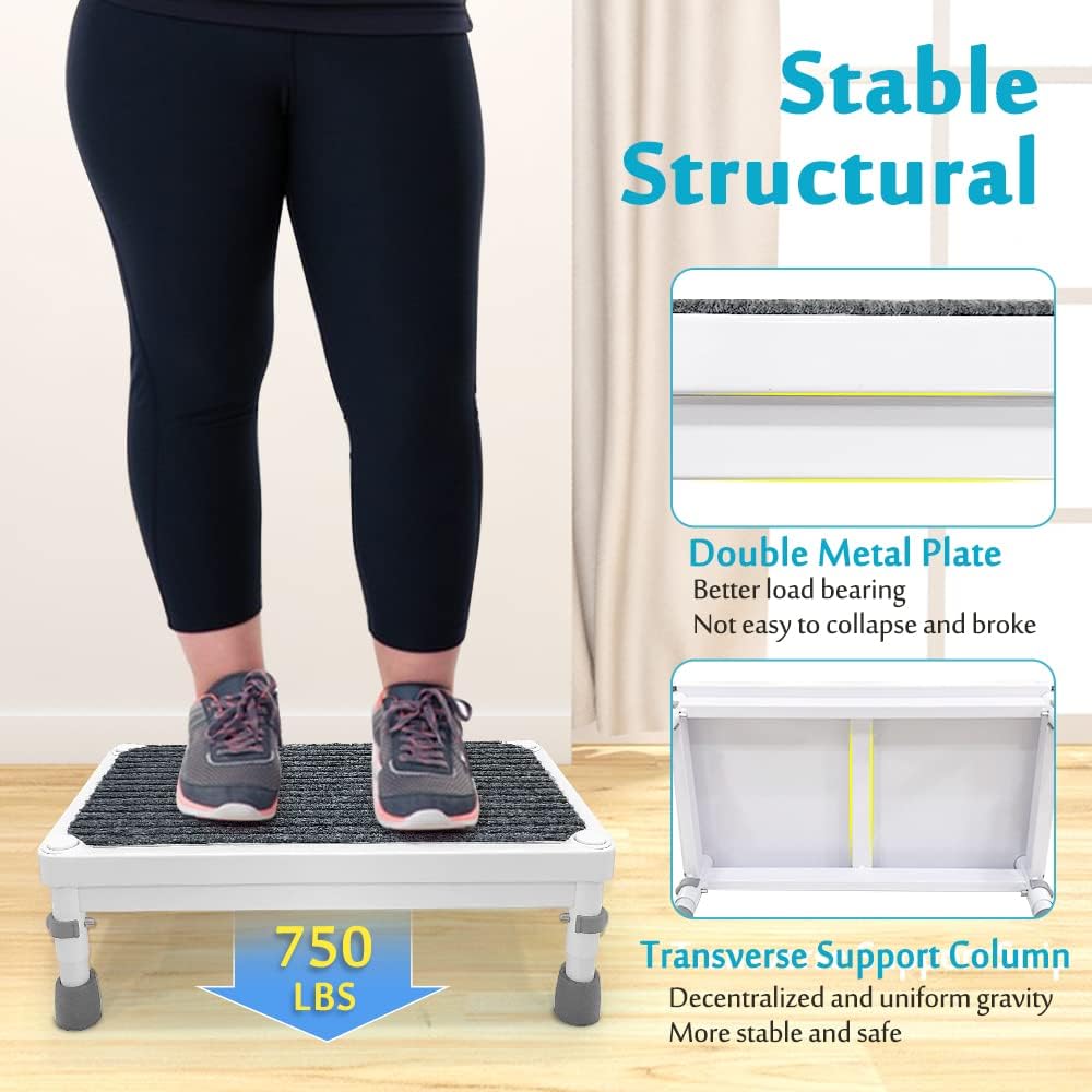 Medical Foot Stool Metal Step Platform Heavy Duty Adjustable Stepping Stool Anti Skid Bed Stairs for Adults Disability Aids Mobility Equipment Bed Step Stools for High Beds, Nursing, SUV Car - 750LBS